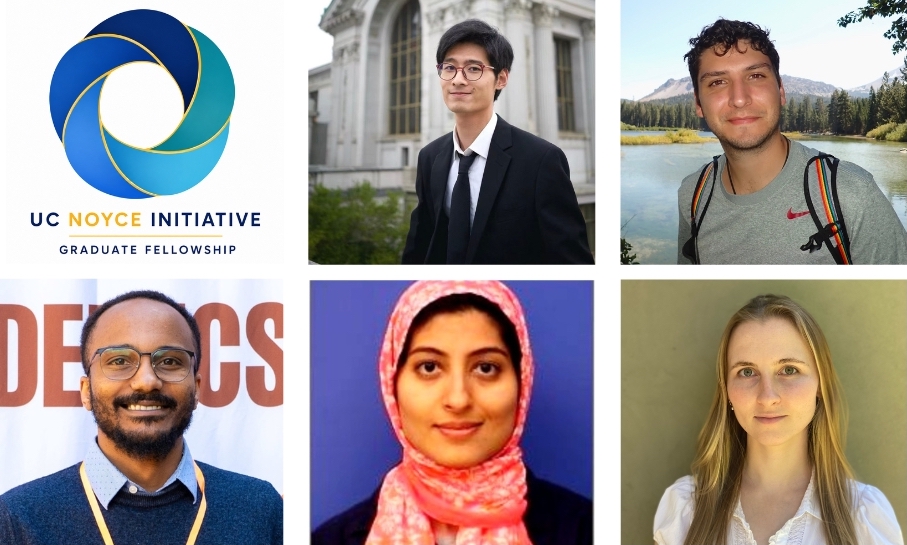 Five members of inaugural UC Noyce Initiative Graduate Fellowship cohort pictured with UC Noyce Initiative Graduate Fellowship logo.