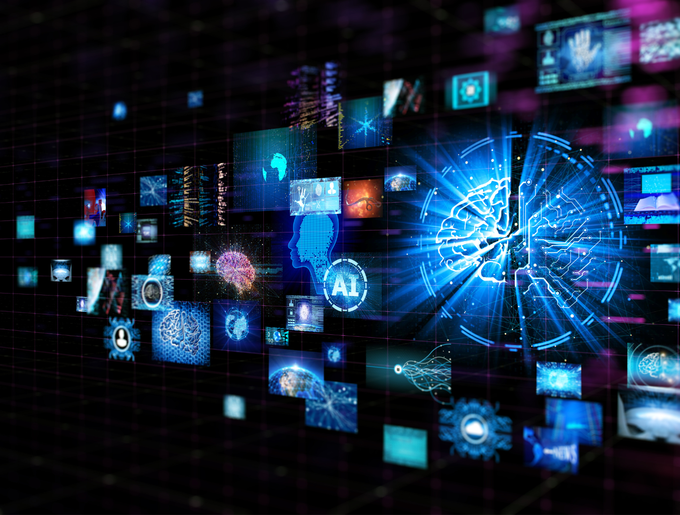 stock image of floating futuristic icons to depict cybersecurity