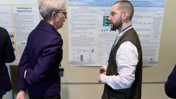 grad student talking about research with UC Berkeley VC