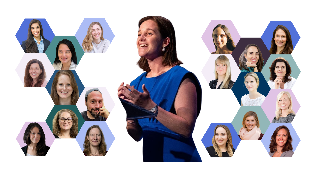 Collage of headshots of academics arranged in colorful hexagons around a central photo of a woman, neuroscientist Winnie Orchard, PhD, the lead of the STANDARD project, in a blue dress speaking on stage. The image highlights collaboration and leadership.
