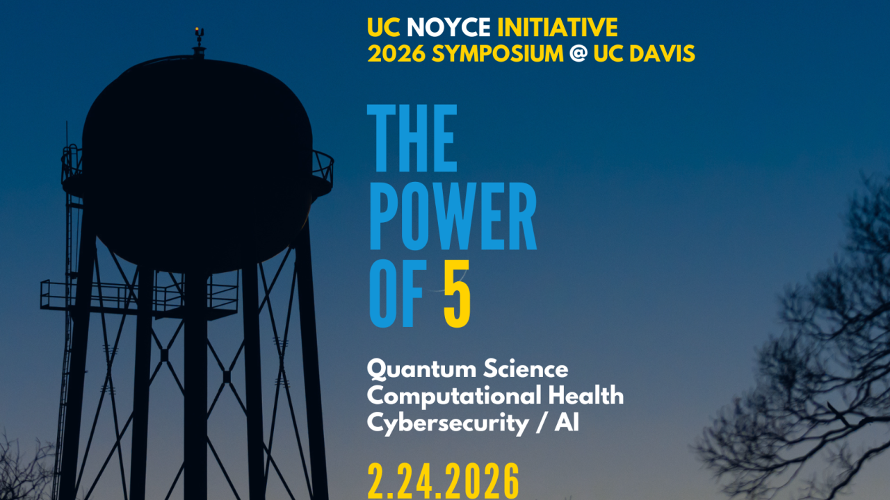 Save the date information for the UC Noyce Research Symposium with the UC Davis water tower at sunset.