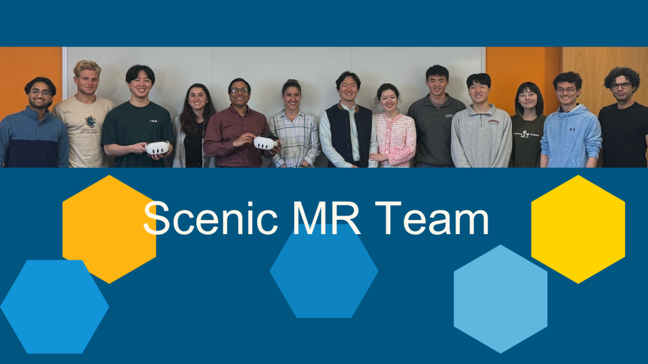 Fifteen people from the Scenic MR Team stand in a line, some people are holding virtual reality headsets, which are used for stroke rehabilitation.