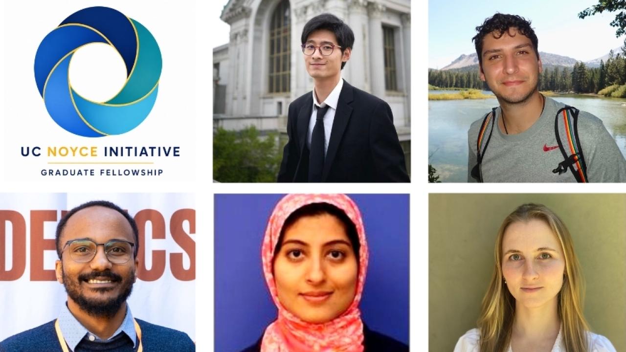 Five members of inaugural UC Noyce Initiative Graduate Fellowship cohort pictured with UC Noyce Initiative Graduate Fellowship logo.