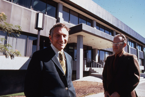 Robert Noyce and Gordon Moore in front of the Intel SC1 building in Santa Clara in 1970.