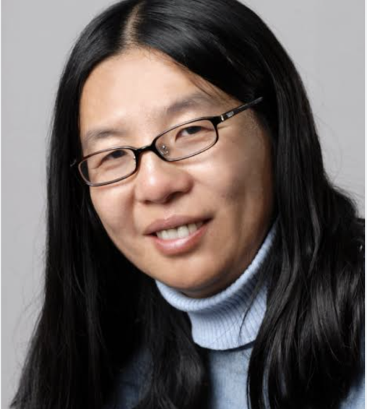portrait of Bin Yu, Asian woman with long dark hair, glasses and wearing a light blue turtle neck.