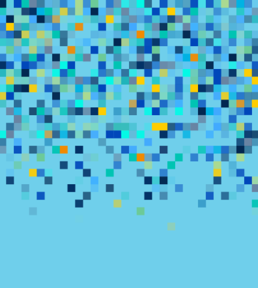 multi-colored blue, teal and gold pixels falling from top of screen over a light blue background