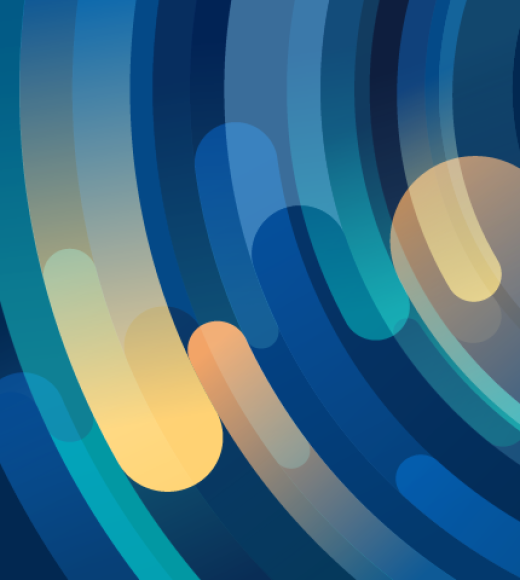 multi-colored gold, teal and blue thick lines with rounded ends swoop up and down screen in a circular motion over a very dark navy blue background