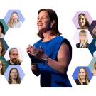 Collage of headshots of academics arranged in colorful hexagons around a central photo of a woman, neuroscientist Winnie Orchard, PhD, the lead of the STANDARD project, in a blue dress speaking on stage. The image highlights collaboration and leadership.