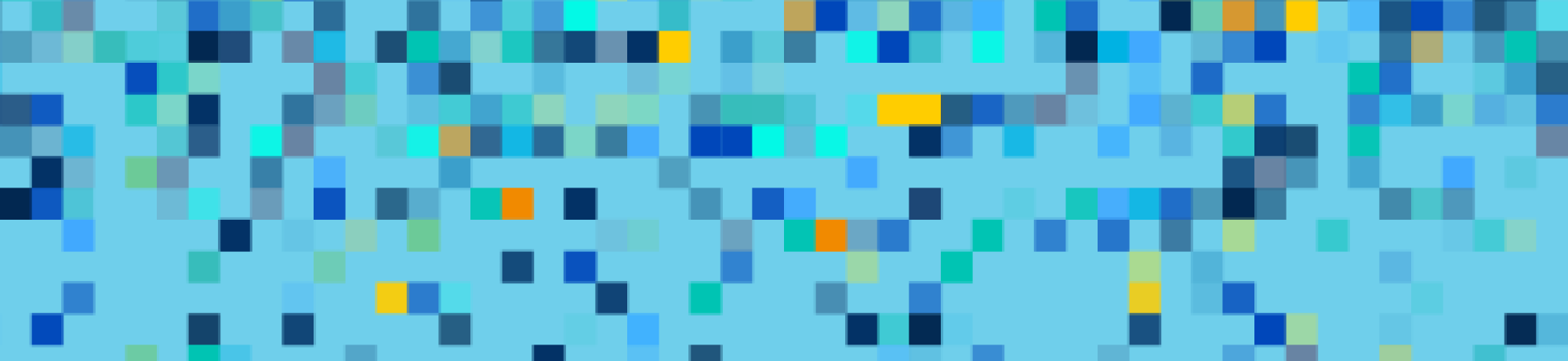 multi-colored blue, teal and gold pixels falling from top of screen over a light blue background